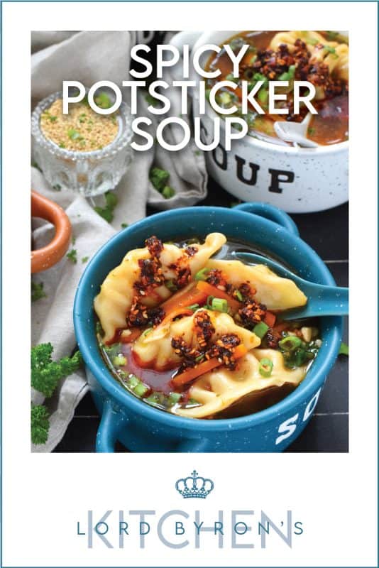 Pick up a package of frozen potstickers, wontons, or dumplings from your local grocery store and cook them in a savoury broth to make the most deliciously wonderful Spicy Potsticker Soup.  Loaded with green onions, garlic, ginger, and carrots, this soup is good for you too! #spicy #potsticker #wonton #gyoza #stew #soup #chili #chilicrunch