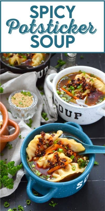 Pick up a package of frozen potstickers, wontons, or dumplings from your local grocery store and cook them in a savoury broth to make the most deliciously wonderful Spicy Potsticker Soup.  Loaded with green onions, garlic, ginger, and carrots, this soup is good for you too! #spicy #potsticker #wonton #gyoza #stew #soup #chili #chilicrunch