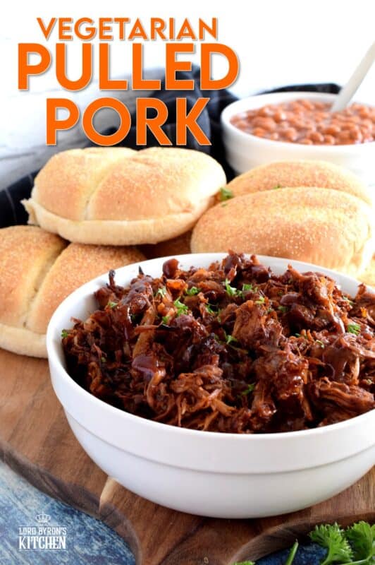 Pulled Pork can now be enjoyed by everyone! Vegetarian Pulled Pork is about as close to the real thing as you're ever going to get! Look at those fibers; doesn't it look like real meat? Unlike real pulled pork, this vegetarian version is much cheaper and takes only 40 minutes from start to finish! #pork #jackfruit #vegetarian #pulledpork