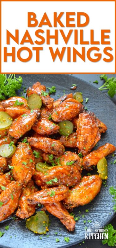 Baked to perfection with a crispy coating and a tender and juicy interior, these wings are drenched in a hot sauce comprised of cayenne, chili, garlic, onion, and melted butter, Baked Nashville Hot Wings also have an optionally sweet honey component!  Plate these wings with sweet pickle slices for a cooling crunch! #baked #nashville #hot #chicken #wings #sticky
