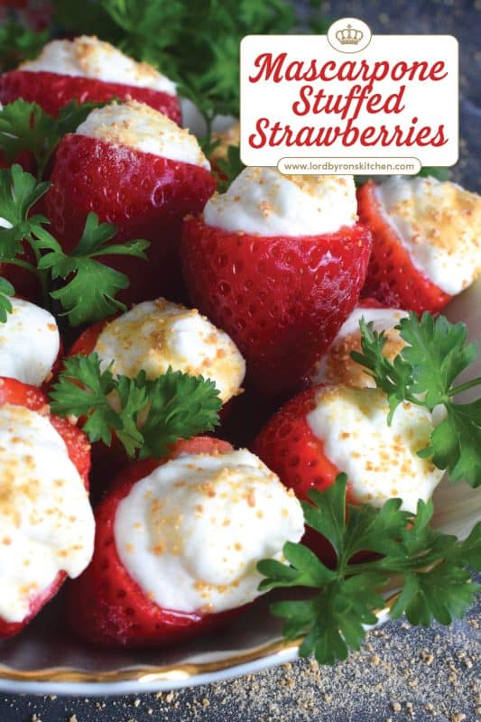 Mascarpone is blended with cream, sugar, and vanilla to make the most delicious dessert topping. In this recipe, the mixture is stuffed into hulled fresh strawberries and topped with a sprinkling of graham cracker crumbs for texture and flavour. This simple and easy dessert is big on taste! #mascarpone #stuffed #strawberries #nobake #dessert