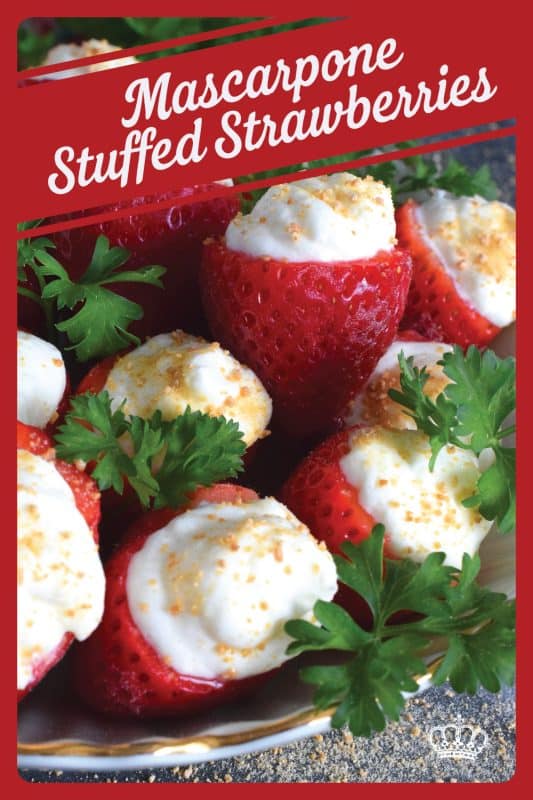 Mascarpone is blended with cream, sugar, and vanilla to make the most delicious dessert topping. In this recipe, the mixture is stuffed into hulled fresh strawberries and topped with a sprinkling of graham cracker crumbs for texture and flavour. This simple and easy dessert is big on taste! #mascarpone #stuffed #strawberries #nobake #dessert