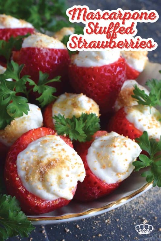 Mascarpone is blended with cream, sugar, and vanilla to make the most delicious dessert topping. In this recipe, the mixture is stuffed into hulled fresh strawberries and topped with a sprinkling of graham cracker crumbs for texture and flavour. This simple and easy dessert is big on taste! #mascarpone #stuffed #strawberries #nobake #dessert
