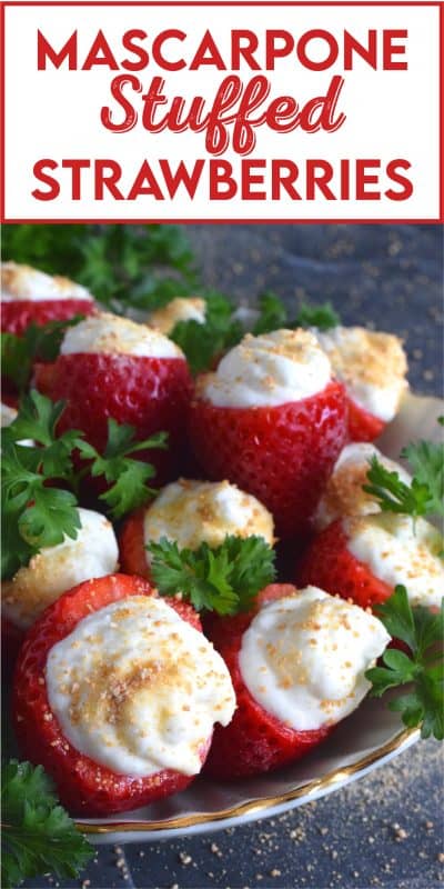 Mascarpone is blended with cream, sugar, and vanilla to make the most delicious dessert topping. In this recipe, the mixture is stuffed into hulled fresh strawberries and topped with a sprinkling of graham cracker crumbs for texture and flavour. This simple and easy dessert is big on taste! #mascarpone #stuffed #strawberries #nobake #dessert