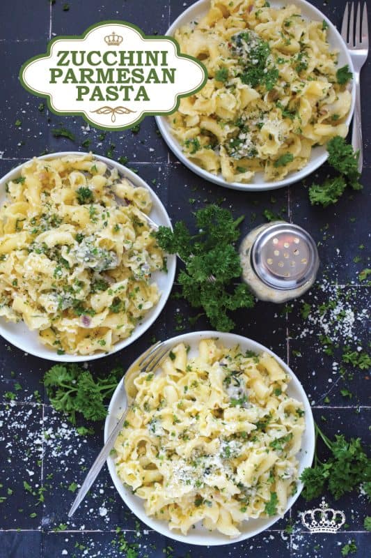 Perfectly cooked pasta is tossed with shredded zucchini that has been sauteed in butter with garlic, shallots, and chilies.  Topped with loads of fresh parmesan and your choice of herbs, Zucchini Parmesan Pasta is a quick and easy meal perfect for a family dinner or a meal for one while sitting on the couch with a movie! #zucchini #parmesan #pasta #vegetarian