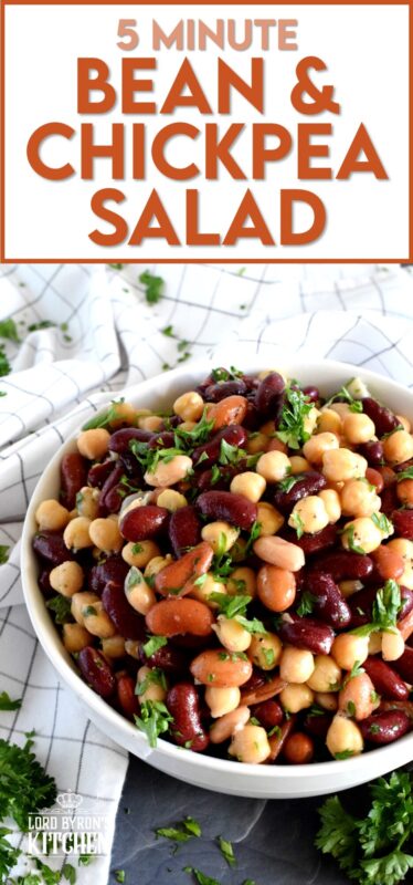 A quick, delicious, and hearty salad that's perfect for any occasion! This 5 Minute Bean and Chickpea Salad will pair well with anything you serve at a picnic, backyard barbecue, or local church potluck! A tangy and savoury salad this good and this inexpensive is a keeper for sure! #chickpea #bean #salad #side #vegetarian #nobake #canned #5minuterecipes
