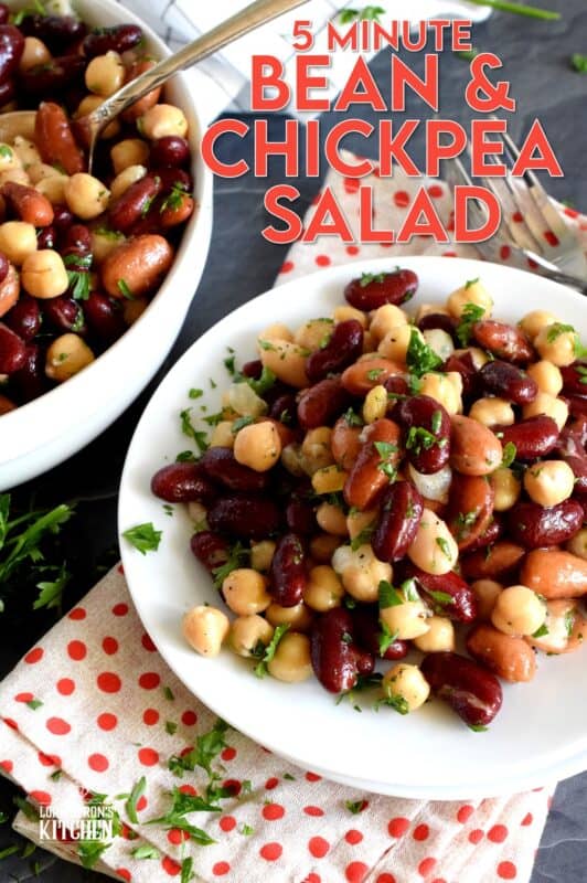 A quick, delicious, and hearty salad that's perfect for any occasion! This 5 Minute Bean and Chickpea Salad will pair well with anything you serve at a picnic, backyard barbecue, or local church potluck! A tangy and savoury salad this good and this inexpensive is a keeper for sure! #chickpea #bean #salad #side #vegetarian #nobake #canned #5minuterecipes
