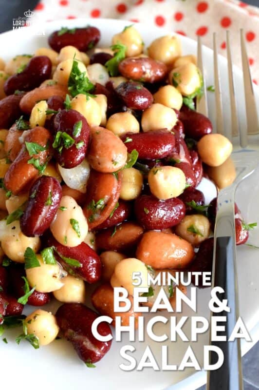 A quick, delicious, and hearty salad that's perfect for any occasion! This 5 Minute Bean and Chickpea Salad will pair well with anything you serve at a picnic, backyard barbecue, or local church potluck! A tangy and savoury salad this good and this inexpensive is a keeper for sure! #chickpea #bean #salad #side #vegetarian #nobake #canned #5minuterecipes