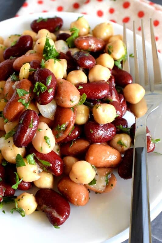 A quick, delicious, and hearty salad that's perfect for any occasion! This 5 Minute Bean and Chickpea Salad will pair well with anything you serve at a picnic, backyard barbecue, or local church potluck! A tangy and savoury salad this good and this inexpensive is a keeper for sure! #chickpea #bean #salad #side #vegetarian #nobake #canned #5minuterecipes