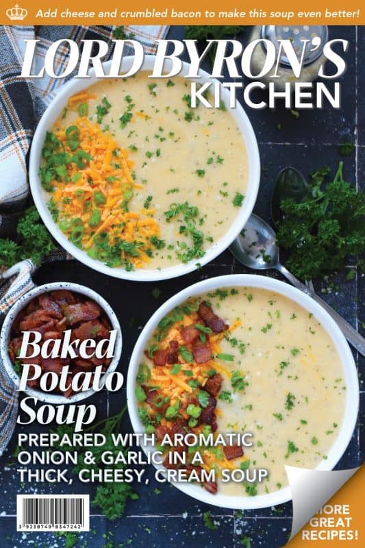Creamy and smooth, this Baked Potato Soup is prepared with onion and garlic in a simple roux which is what makes the soup thick and lucious. Add cheese and crumbled cooked bacon for even more texture and flavour! Serve with warm, crusty bread for a complete, hearty meal! #bakedpotato #creamy #soup #cheesy #potatoes