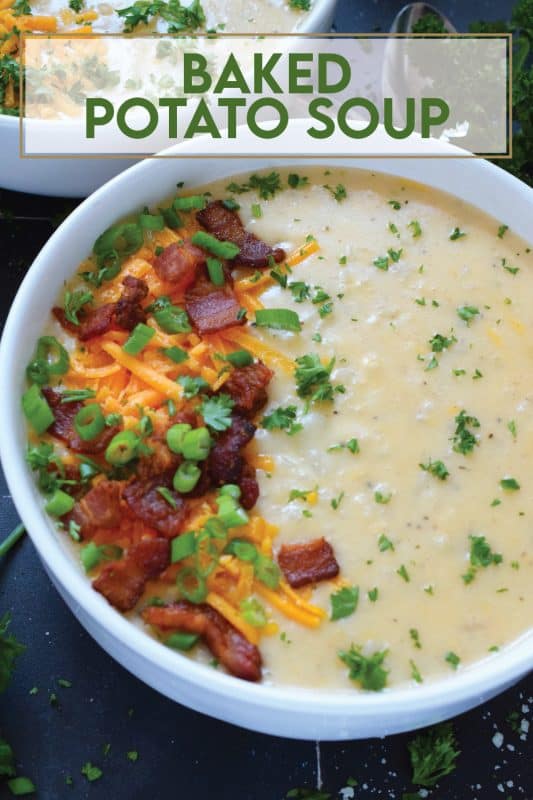 Creamy and smooth, this Baked Potato Soup is prepared with onion and garlic in a simple roux which is what makes the soup thick and lucious. Add cheese and crumbled cooked bacon for even more texture and flavour! Serve with warm, crusty bread for a complete, hearty meal! #bakedpotato #creamy #soup #cheesy #potatoes