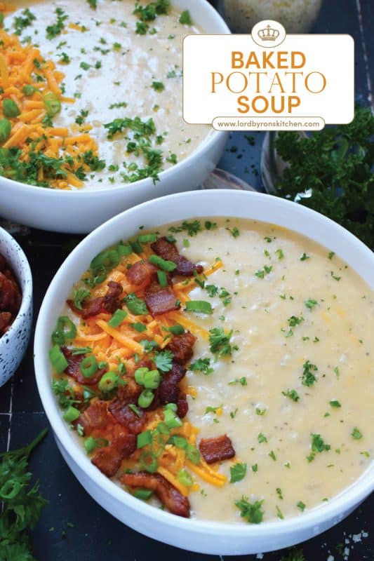 Creamy and smooth, this Baked Potato Soup is prepared with onion and garlic in a simple roux which is what makes the soup thick and lucious. Add cheese and crumbled cooked bacon for even more texture and flavour! Serve with warm, crusty bread for a complete, hearty meal! #bakedpotato #creamy #soup #cheesy #potatoes