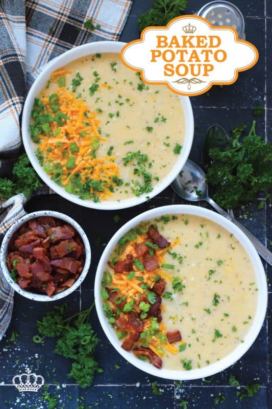 Creamy and smooth, this Baked Potato Soup is prepared with onion and garlic in a simple roux which is what makes the soup thick and lucious. Add cheese and crumbled cooked bacon for even more texture and flavour! Serve with warm, crusty bread for a complete, hearty meal! #bakedpotato #creamy #soup #cheesy #potatoes