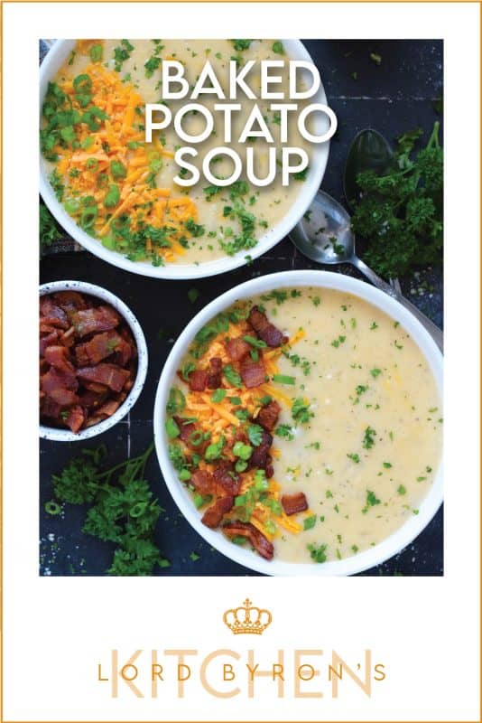 Creamy and smooth, this Baked Potato Soup is prepared with onion and garlic in a simple roux which is what makes the soup thick and lucious. Add cheese and crumbled cooked bacon for even more texture and flavour! Serve with warm, crusty bread for a complete, hearty meal! #bakedpotato #creamy #soup #cheesy #potatoes