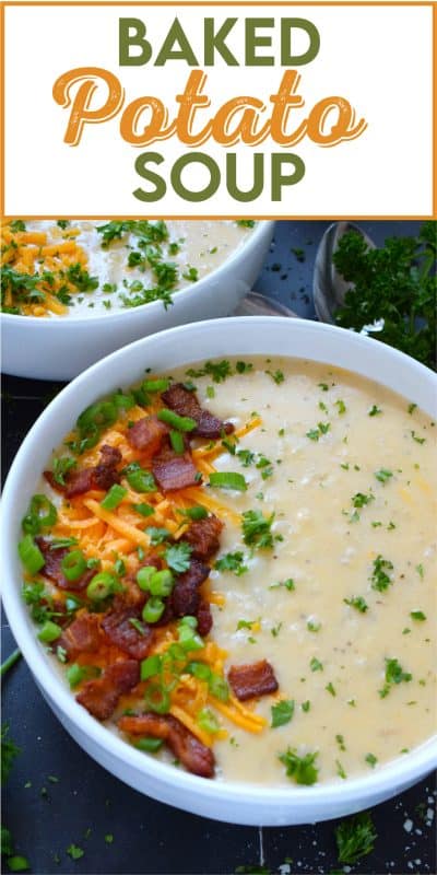 Creamy and smooth, this Baked Potato Soup is prepared with onion and garlic in a simple roux which is what makes the soup thick and lucious. Add cheese and crumbled cooked bacon for even more texture and flavour! Serve with warm, crusty bread for a complete, hearty meal! #bakedpotato #creamy #soup #cheesy #potatoes