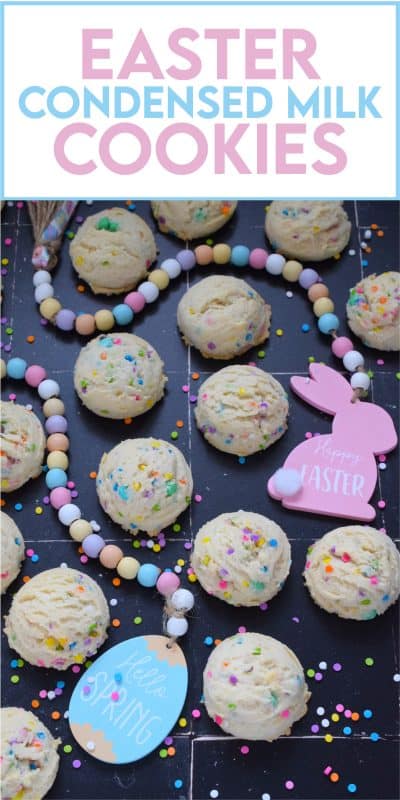 There is no better time to bake a cookie that is packed with sprinkles and chocolates than Easter!  This Easter Condensed Milk Cookie is very easy to make and requires only five common pantry ingredients in addition to the sprinkles and chocolate.  They are puffy, light, airy, and delicious! #easter #cookies #cadbury #minieggs #chocolate #sprinkles