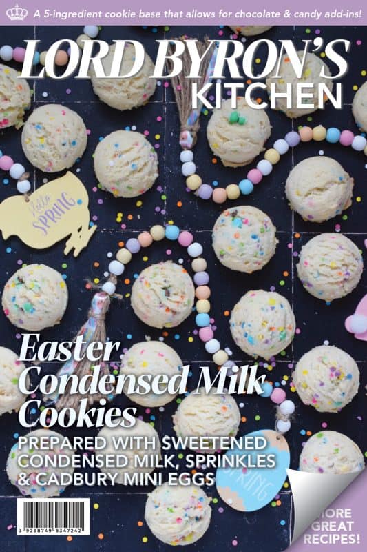 There is no better time to bake a cookie that is packed with sprinkles and chocolates than Easter!  This Easter Condensed Milk Cookie is very easy to make and requires only five common pantry ingredients in addition to the sprinkles and chocolate.  They are puffy, light, airy, and delicious! #easter #cookies #cadbury #minieggs #chocolate #sprinkles