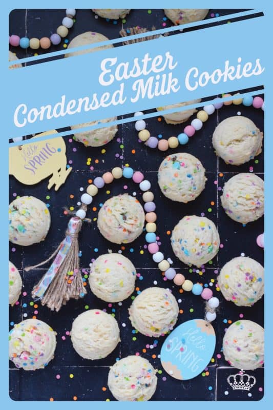 There is no better time to bake a cookie that is packed with sprinkles and chocolates than Easter!  This Easter Condensed Milk Cookie is very easy to make and requires only five common pantry ingredients in addition to the sprinkles and chocolate.  They are puffy, light, airy, and delicious! #easter #cookies #cadbury #minieggs #chocolate #sprinkles