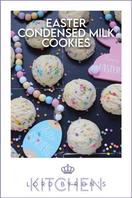 There is no better time to bake a cookie that is packed with sprinkles and chocolates than Easter!  This Easter Condensed Milk Cookie is very easy to make and requires only five common pantry ingredients in addition to the sprinkles and chocolate.  They are puffy, light, airy, and delicious! #easter #cookies #cadbury #minieggs #chocolate #sprinkles