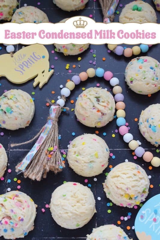 There is no better time to bake a cookie that is packed with sprinkles and chocolates than Easter!  This Easter Condensed Milk Cookie is very easy to make and requires only five common pantry ingredients in addition to the sprinkles and chocolate.  They are puffy, light, airy, and delicious! #easter #cookies #cadbury #minieggs #chocolate #sprinkles