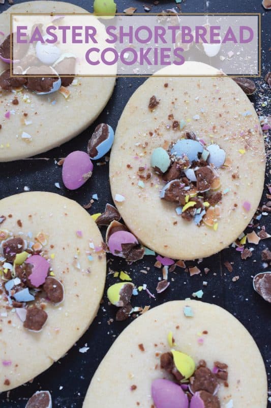 Easter Shortbread Cookies are prepared with a light and airy shortbread cookie base consisting of only three ingredients! The fourth and final ingredient is everyone's favourite Easter treat, crushed Cadbury Mini Eggs! These are so simple, so fast, and so easy to make! #minieggs #cadbury #easter #shortbread #cookies
