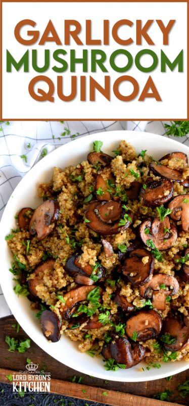 Garlicky Mushroom Quinoa is a rustic and simple side dish, but hearty enough to be a cozy main too! Prepared with meaty cremini mushrooms which have been pan-fried in lots of garlic and butter, this dish is both garlicky and savoury. #quinoa #mushrooms #cremini #side #salad
