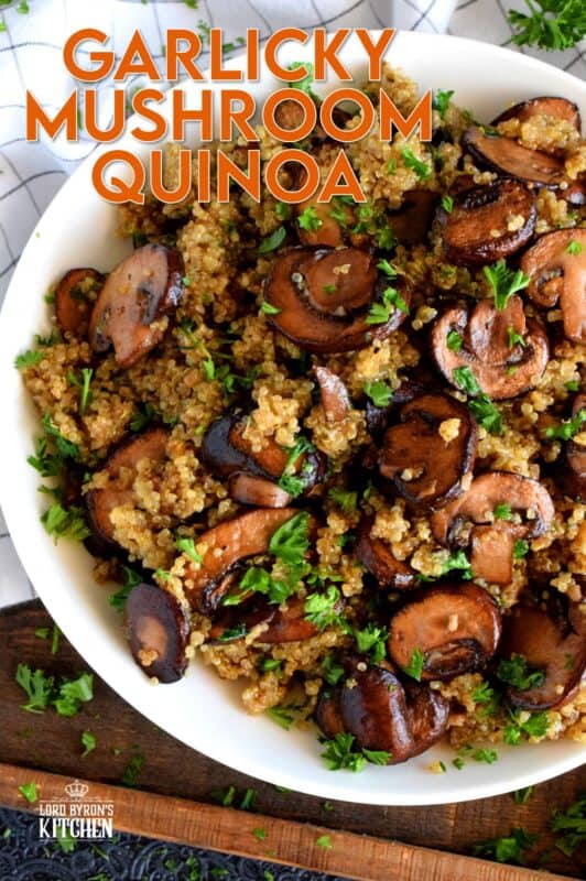Garlicky Mushroom Quinoa is a rustic and simple side dish, but hearty enough to be a cozy main too! Prepared with meaty cremini mushrooms which have been pan-fried in lots of garlic and butter, this dish is both garlicky and savoury. #quinoa #mushrooms #cremini #side #salad