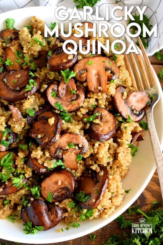 Garlicky Mushroom Quinoa is a rustic and simple side dish, but hearty enough to be a cozy main too! Prepared with meaty cremini mushrooms which have been pan-fried in lots of garlic and butter, this dish is both garlicky and savoury. #quinoa #mushrooms #cremini #side #salad