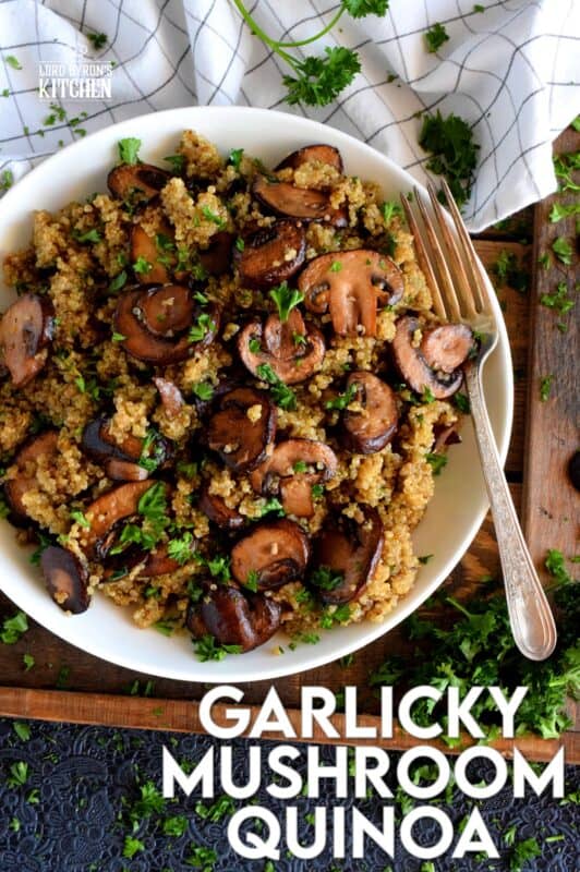Garlicky Mushroom Quinoa is a rustic and simple side dish, but hearty enough to be a cozy main too! Prepared with meaty cremini mushrooms which have been pan-fried in lots of garlic and butter, this dish is both garlicky and savoury. #quinoa #mushrooms #cremini #side #salad
