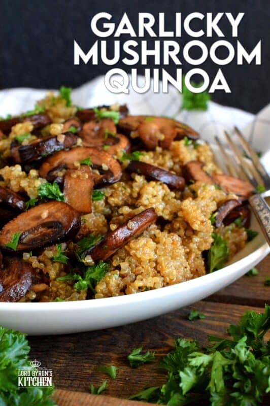 Garlicky Mushroom Quinoa is a rustic and simple side dish, but hearty enough to be a cozy main too! Prepared with meaty cremini mushrooms which have been pan-fried in lots of garlic and butter, this dish is both garlicky and savoury. #quinoa #mushrooms #cremini #side #salad