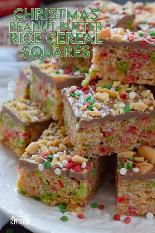 Remove the marshmallows from a Rice Krispie Treat and substitute it with melted chocolate and peanut butter for an even tastier treat!  Prepared with Christmas-coloured cereal, these Christmas Peanut Butter Rice Cereal Squares are just as delicious as they look!  Don't forget the sprinkles; they make everything more fun and festive! #peanutbutter #squares #chocolate #christmas #ricekrispie