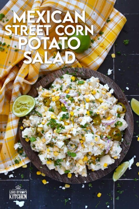 Chopped potatoes are tossed with sweet corn, spicy jalapenos, boiled eggs, fresh green and red onions, and salty cotija cheese to create this most delicious Mexican Street Corn Potato Salad! With its creamy, zingy, and tart dressing, this potato salad will most definitely be the most popular side at any backyard barbecue this summer! #salad #potato #streetcorn #mexican #cotija