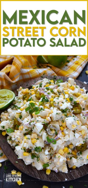 Chopped potatoes are tossed with sweet corn, spicy jalapenos, boiled eggs, fresh green and red onions, and salty cotija cheese to create this most delicious Mexican Street Corn Potato Salad! With its creamy, zingy, and tart dressing, this potato salad will most definitely be the most popular side at any backyard barbecue this summer! #salad #potato #streetcorn #mexican #cotija