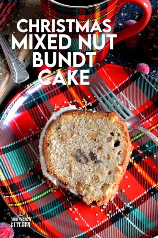 Mixed nuts were always a popular snack item at Christmastime in our home, which is why this Christmas Mixed Nut Bundt Cake is nostalgic and delicious! This cake is made with cream cheese in the batter, so you know it's going to be super moist! The ground spices add so much warmth and aroma! #mixednuts #bundt #cake