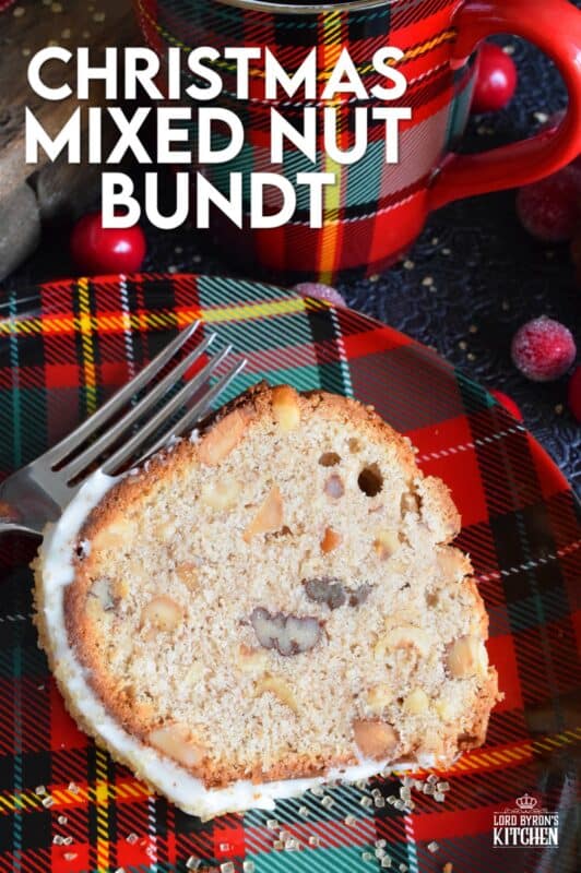 Mixed nuts were always a popular snack item at Christmastime in our home, which is why this Christmas Mixed Nut Bundt Cake is nostalgic and delicious! This cake is made with cream cheese in the batter, so you know it's going to be super moist! The ground spices add so much warmth and aroma! #mixednuts #bundt #cake