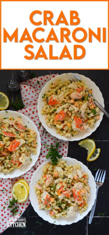 Flaked crab is tossed with cooked macaroni, dill pickles, and cheese in this Crab Macaroni Salad. The dressing is both creamy and tangy and is prepared with mayonnaise, vinegar, mustard, and old bay seasoning. This make-ahead salad is great for backyard barbecues and picnics! #salad #macaroni #seafood #crab #imitation