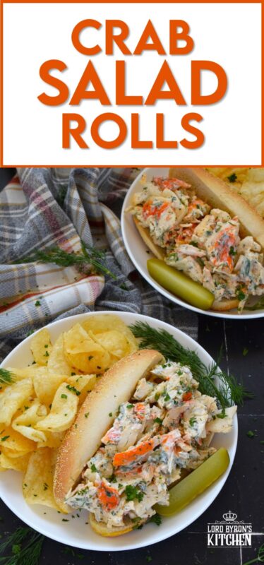 Loaded with crab meat, these Crab Salad Rolls are a fast and easy meal that is easily completed with a handful of really crispy kettle chips!  The crab meat is tossed in a savoury thick dressing made with mayonnaise, chives, dill, lemon, and celery.  It really does not get any easier or any more delicious than this! #crab #imitation #salad #sandwich #rolls