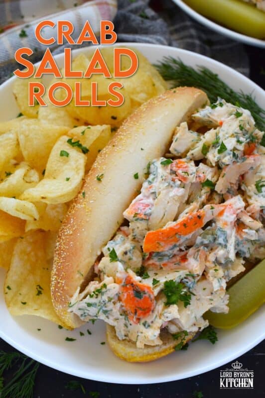Loaded with crab meat, these Crab Salad Rolls are a fast and easy meal that is easily completed with a handful of really crispy kettle chips!  The crab meat is tossed in a savoury thick dressing made with mayonnaise, chives, dill, lemon, and celery.  It really does not get any easier or any more delicious than this! #crab #imitation #salad #sandwich #rolls
