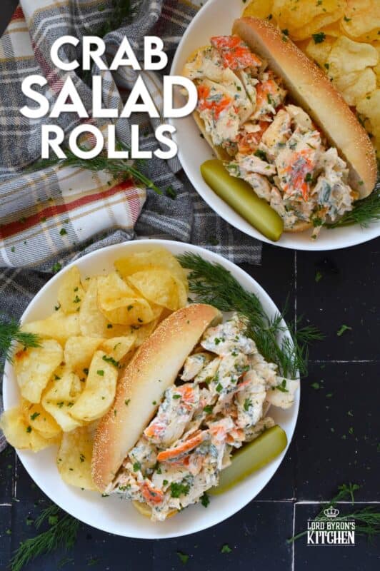 Loaded with crab meat, these Crab Salad Rolls are a fast and easy meal that is easily completed with a handful of really crispy kettle chips!  The crab meat is tossed in a savoury thick dressing made with mayonnaise, chives, dill, lemon, and celery.  It really does not get any easier or any more delicious than this! #crab #imitation #salad #sandwich #rolls