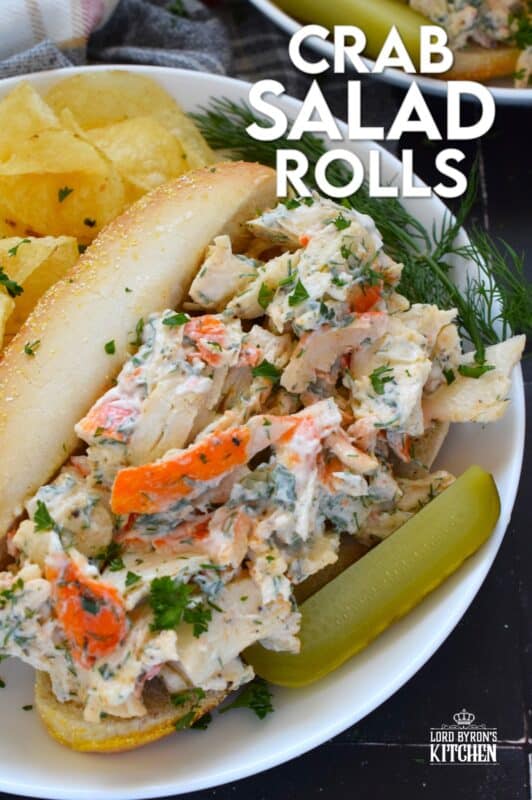 Loaded with crab meat, these Crab Salad Rolls are a fast and easy meal that is easily completed with a handful of really crispy kettle chips!  The crab meat is tossed in a savoury thick dressing made with mayonnaise, chives, dill, lemon, and celery.  It really does not get any easier or any more delicious than this! #crab #imitation #salad #sandwich #rolls
