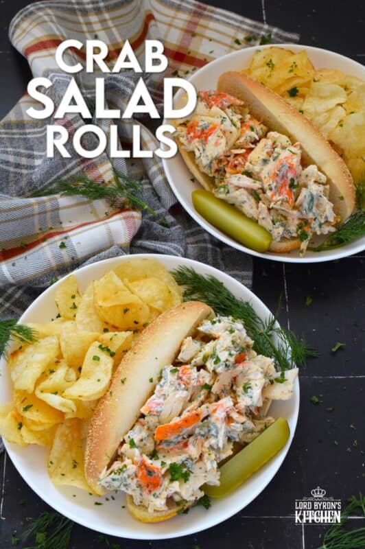 Loaded with crab meat, these Crab Salad Rolls are a fast and easy meal that is easily completed with a handful of really crispy kettle chips!  The crab meat is tossed in a savoury thick dressing made with mayonnaise, chives, dill, lemon, and celery.  It really does not get any easier or any more delicious than this! #crab #imitation #salad #sandwich #rolls