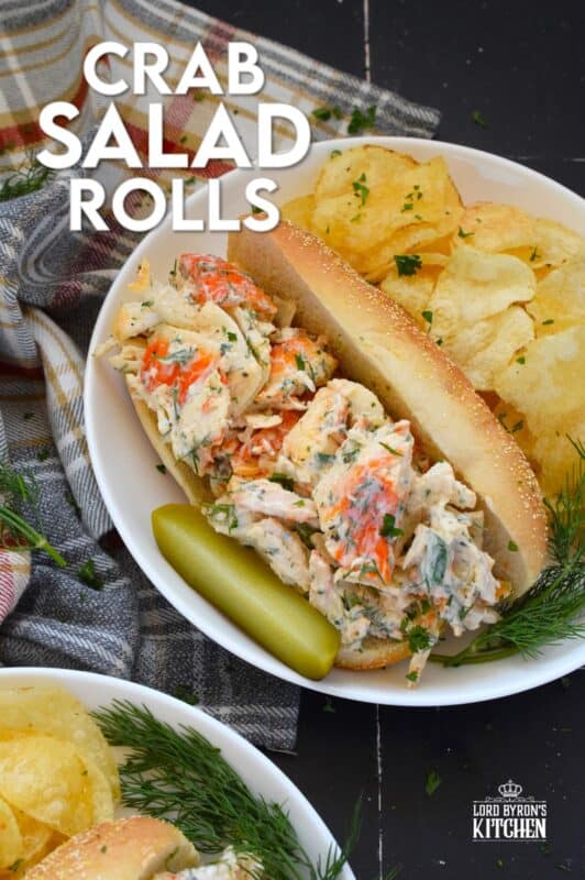 Loaded with crab meat, these Crab Salad Rolls are a fast and easy meal that is easily completed with a handful of really crispy kettle chips!  The crab meat is tossed in a savoury thick dressing made with mayonnaise, chives, dill, lemon, and celery.  It really does not get any easier or any more delicious than this! #crab #imitation #salad #sandwich #rolls