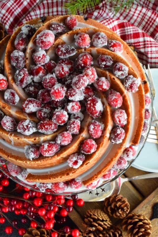 This super easy and beautiful Frosted Cranberry Bundt Cake is loaded with whole, fresh cranberries, frosted with a simple icing, and topped with a sugared cranberry garnish. Tart, sweet, and perfect for any holiday table, this gorgeous, showstopping cake is even more delicious than it looks! #cranberry #bundt #cake #frosted