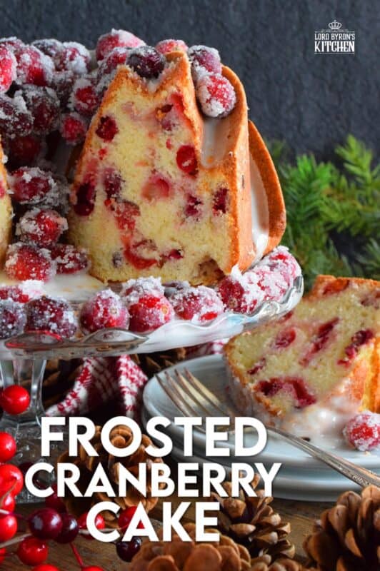 This super easy and beautiful Frosted Cranberry Bundt Cake is loaded with whole, fresh cranberries, frosted with a simple icing, and topped with a sugared cranberry garnish. Tart, sweet, and perfect for any holiday table, this gorgeous, showstopping cake is even more delicious than it looks! #cranberry #bundt #cake #frosted