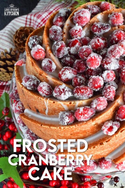 This super easy and beautiful Frosted Cranberry Bundt Cake is loaded with whole, fresh cranberries, frosted with a simple icing, and topped with a sugared cranberry garnish. Tart, sweet, and perfect for any holiday table, this gorgeous, showstopping cake is even more delicious than it looks! #cranberry #bundt #cake #frosted