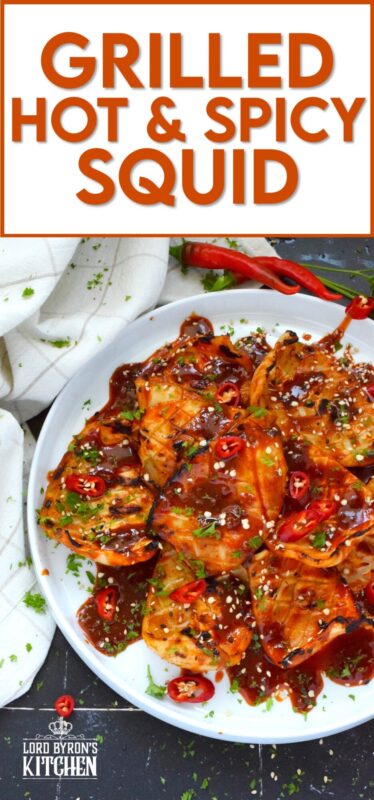 Any excuse to grill is a good excuse! This recipe makes use of a homemade sauce consisting of garlic, ginger, soy sauce, red chilies, and hot sauce. Grilled Hot and Spicy Squid is quick and easy; the squid is super tender with a few char marks. Use freshly prepared squid or frozen squid tubes here! #squid #grilled #hot #spicy #calamari #tubes