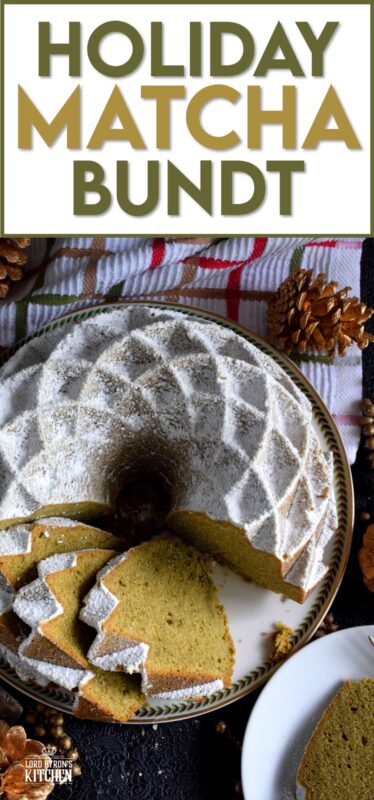 This bundt is green for the holidays! If you've never baked a cake with matcha, you must do it immediately!  The earthly, slightly bitter taste of matcha is balanced with the addition of sugar and vanilla.  This cake is one of my personal favourites! #matcha #bundt #holiday #cake