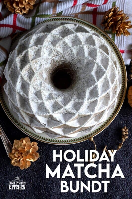 This bundt is green for the holidays! If you've never baked a cake with matcha, you must do it immediately!  The earthly, slightly bitter taste of matcha is balanced with the addition of sugar and vanilla.  This cake is one of my personal favourites! #matcha #bundt #holiday #cake