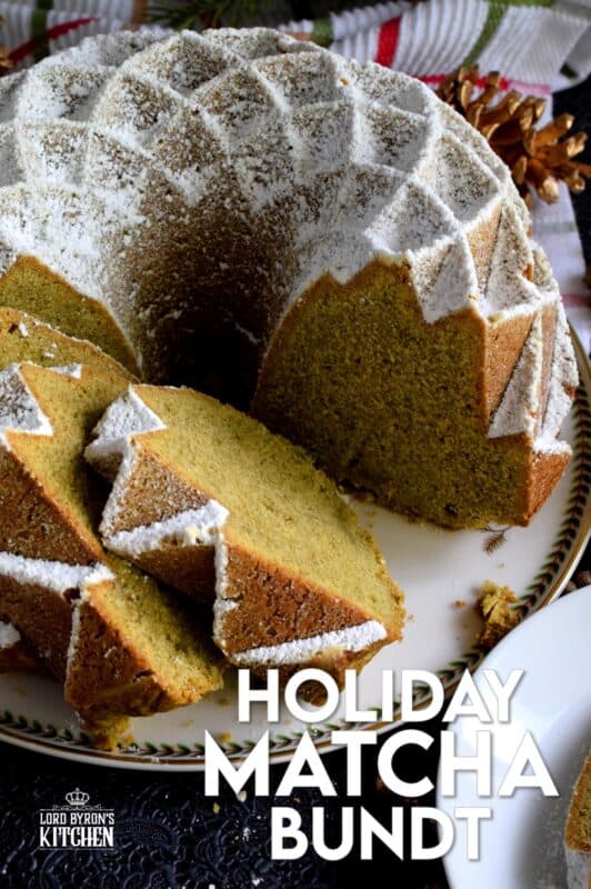 This bundt is green for the holidays! If you've never baked a cake with matcha, you must do it immediately!  The earthly, slightly bitter taste of matcha is balanced with the addition of sugar and vanilla.  This cake is one of my personal favourites! #matcha #bundt #holiday #cake