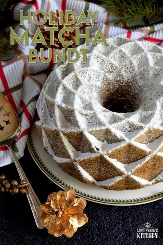 This bundt is green for the holidays! If you've never baked a cake with matcha, you must do it immediately!  The earthly, slightly bitter taste of matcha is balanced with the addition of sugar and vanilla.  This cake is one of my personal favourites! #matcha #bundt #holiday #cake